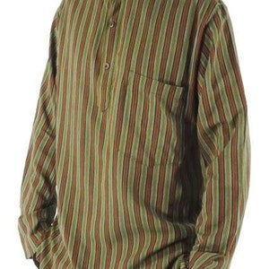 Leaf green classic striped pinstripe 100% cotton collarless Grandad shirt hippy unisex bohemian festival  sizes Small to XX Large tribal