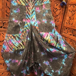 Tie dye & black cotton pixie points hanky hem long stormy skies skirt goth hippy free size tribal belly dance goddess folk free flow witch