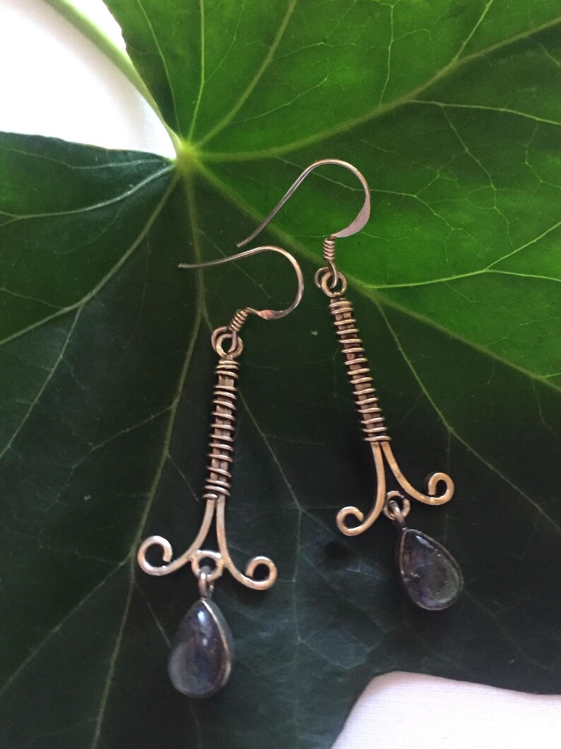 925 Sterling Silver wire wrapped dropper earrings set with magical labradorite stones for spiritual connection and meditation growth boho