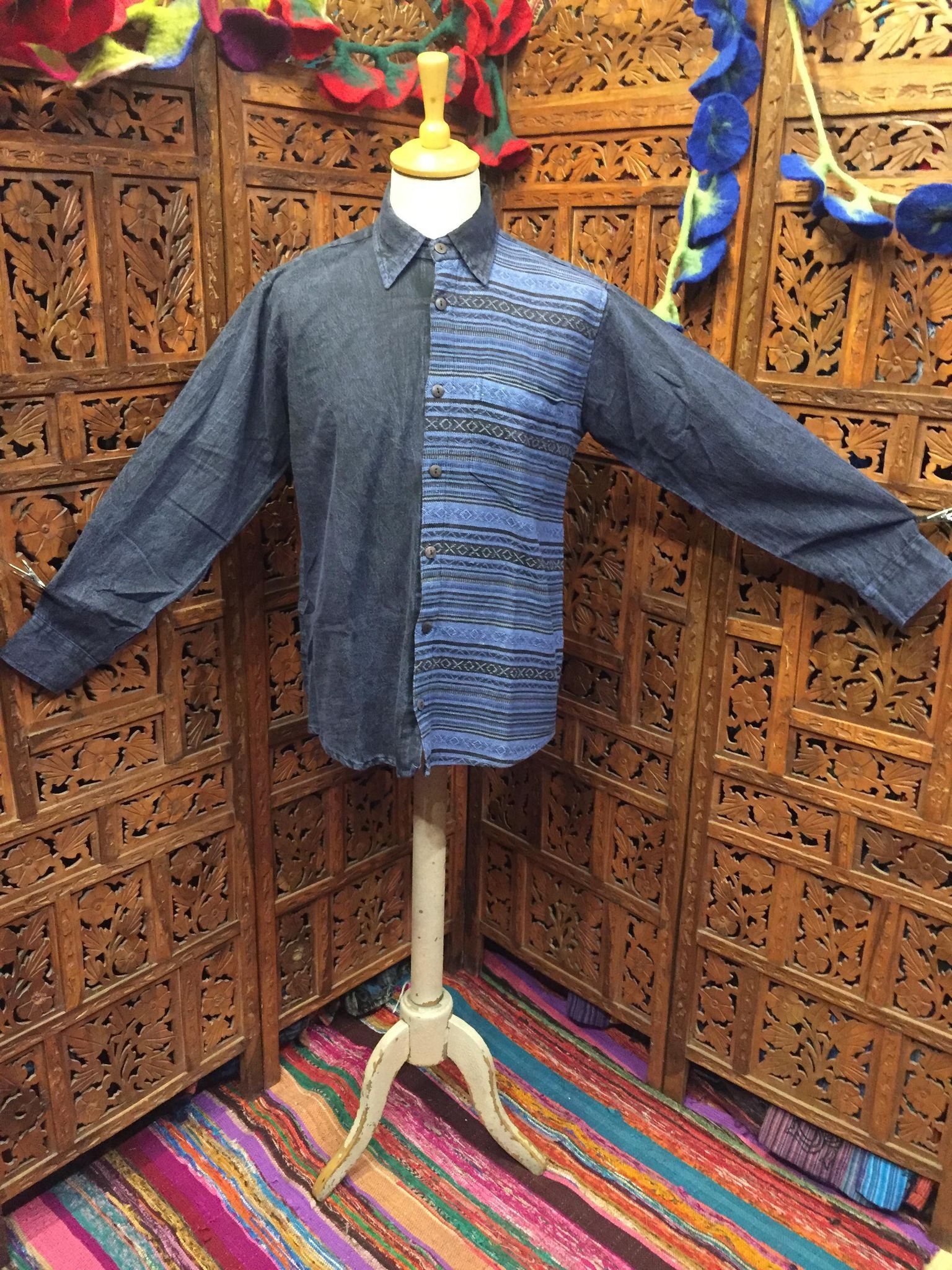 Image of Violet/Black Mens Winter Weight Nepalese Stripe Contrast Button Through With Collar Shirt Smart Formal Hippy Casual Comfortable Sizes M/L Xl