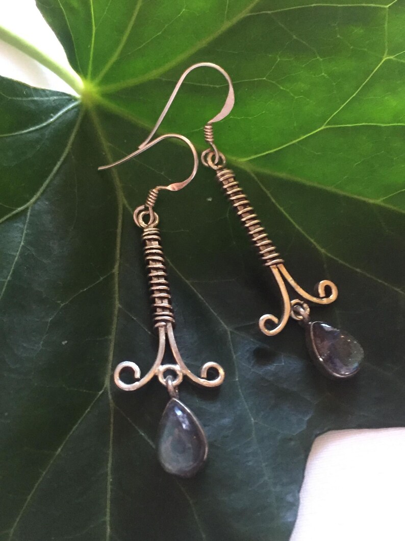 925 Sterling Silver wire wrapped dropper earrings set with magical labradorite stones for spiritual connection and meditation growth boho