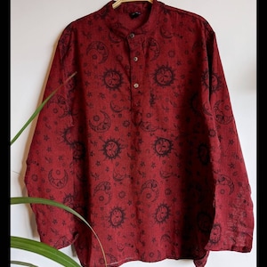 Sun Moon Celestial batik 100% organic cotton traditional mens fit grandad shirt Unisex bohemian hippy Blue Purple Red retro funky Small - XL