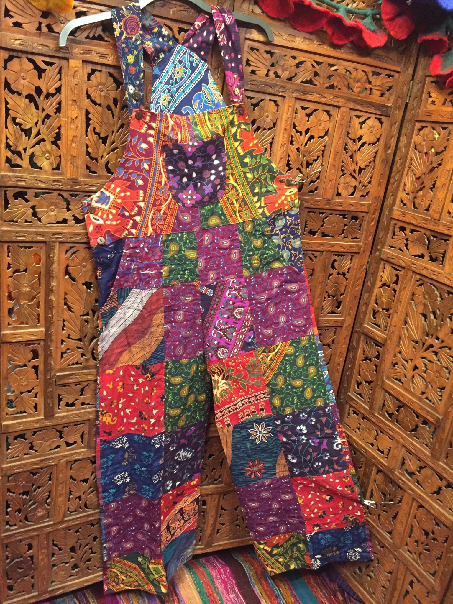 Image of Spirit Of The S Amazing Unisex Heavy Cotton Patchwork Rainbow Explosion Batik Straight Leg Dungarees Bold Statement Colours Flower Power