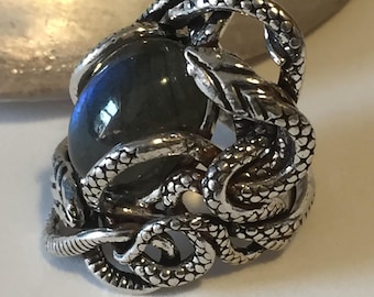 Stunning ethereal stormy labradorite 925 Sterling Silver Snakes Serpent Ring Size S T O Magical rebirth immortality healing protection