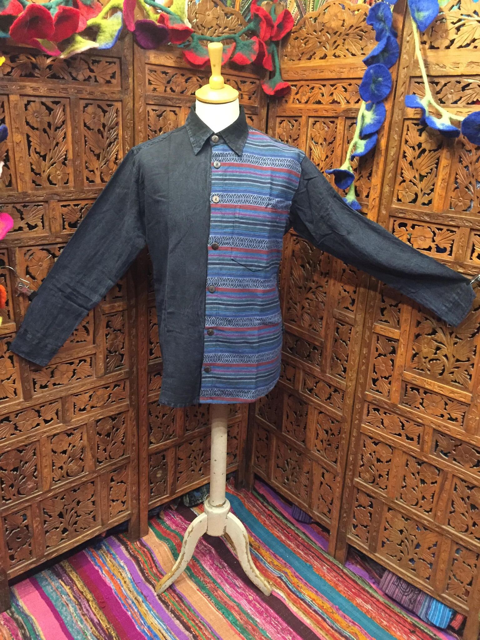 Image of Blue /Black Mens Winter Weight Nepalese Stripe Contrast Button Through With Collar Shirt Smart Formal Hippy Casual Comfortable Sizes M/L Xl