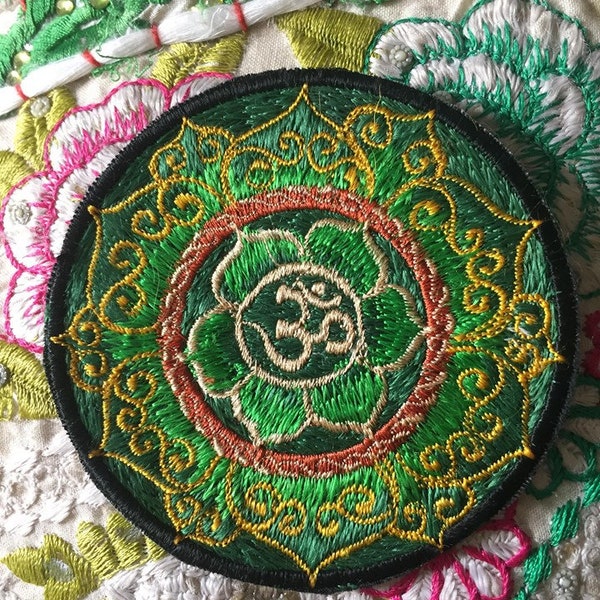 8cm fabric sew on patch our fabulous Fine Ohm om mantra lotus design for clothing customising - Hippy Punk for you bags, clothing 4 colours