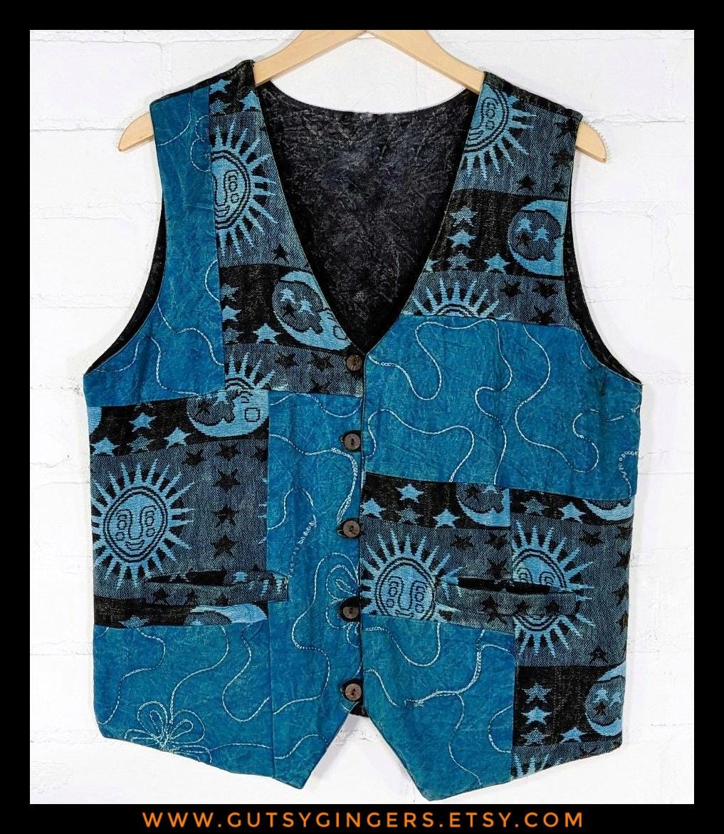 Blue Woven patchwork unisex waistcoat funky festive purple folk hippy ethical menswear jacket gypsy showman unique vest wedding handfasting