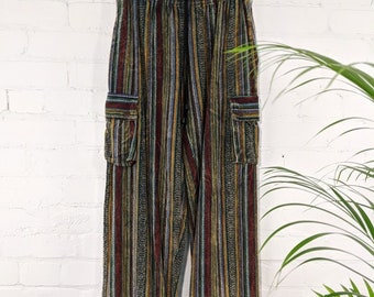 Cozy heavy winter unisex Black Gothic nepalese heavy weave striped combat warm thick trousers hippy bohemian Pirate Cosplay Thermal Vegan