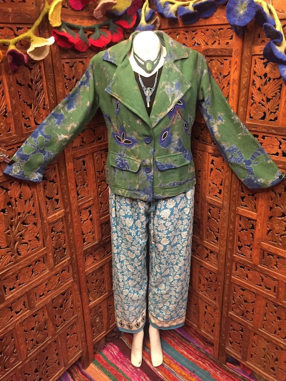 Gorgeous Green Tie Dye Flower Appliqué Blazer Style Casual