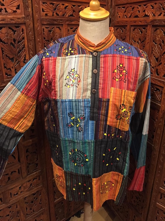 Patchwork Pinstripe Shirt Rainbow Hippy Hippie 70's Festival