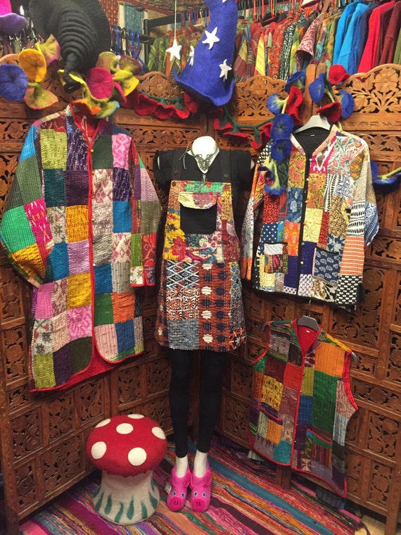 Beautiful Kantha Quilted Rainbow Ribbon Long Jacket Hand Made 