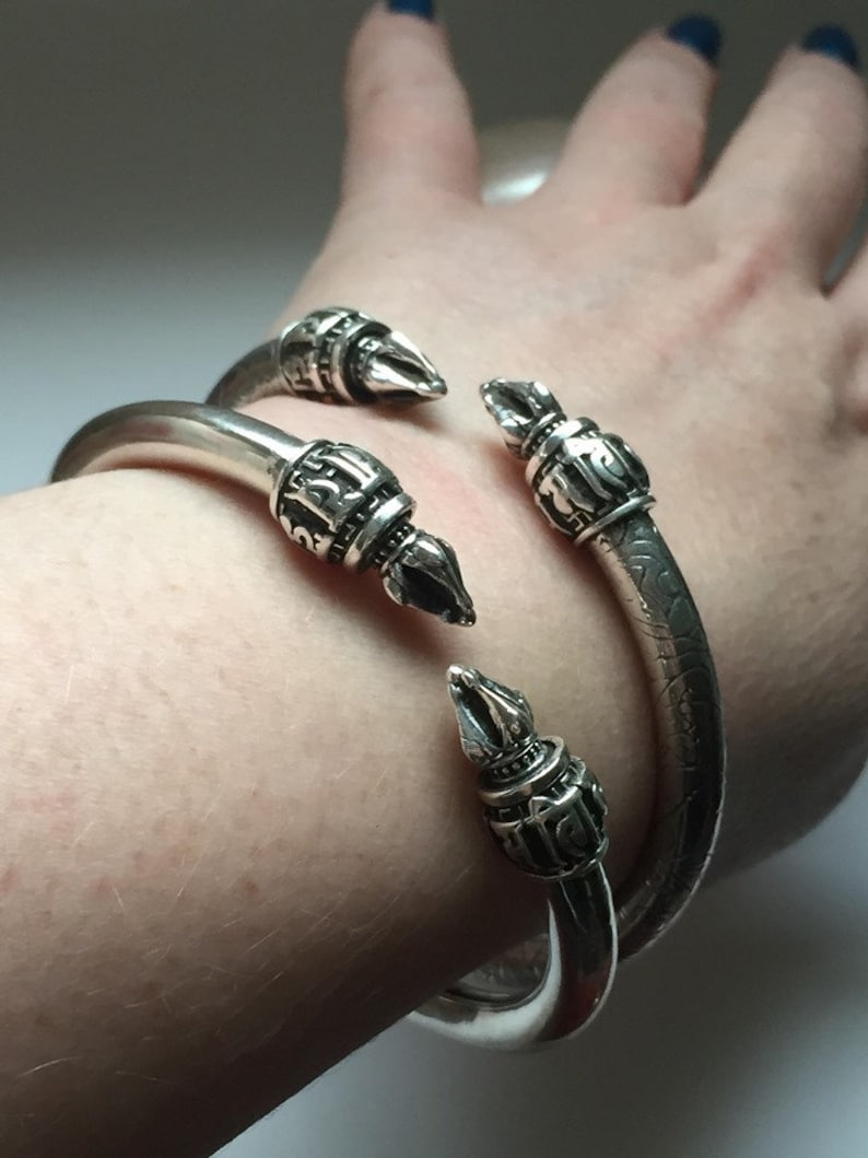 Unisex sterling silver torque cuff bangle in smooth polish finish with stunning temple tip end caps tribal bohemian health love /& abundance