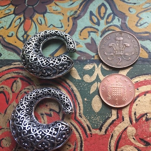 Tribal spiral scrolled hook stretcher Ear Weights (PAIR) - silver plated Brass - Ornate Hoops