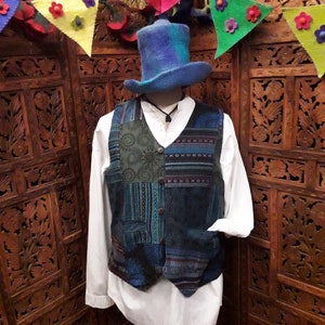 Woven patchwork unisex waistcoat funky festive blue folk hippy ethical menswear jacket gypsy showman unique gift vest engagement handfasting