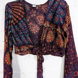 Bohemian Burgundy Peacock Print Carnival wrap over flutter sleeve tie front free size top blouse shrug jacket hippy witch wild bell sleeves