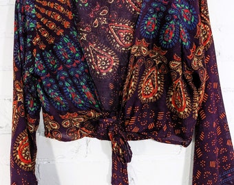 Bohemian Burgundy Peacock Print Carnival wrap over flutter sleeve tie front free size top blouse shrug jacket hippy witch wild bell sleeves