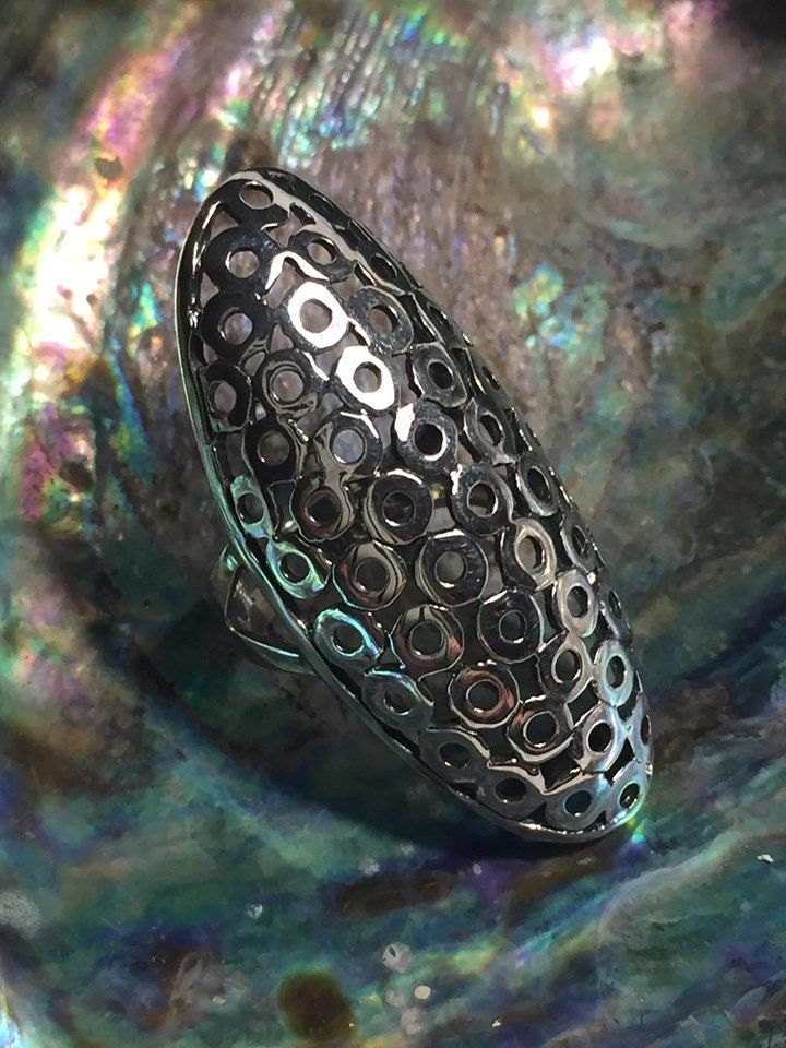 Sterling 925 Silver Hole Pattern Honeycomb Shield Finger