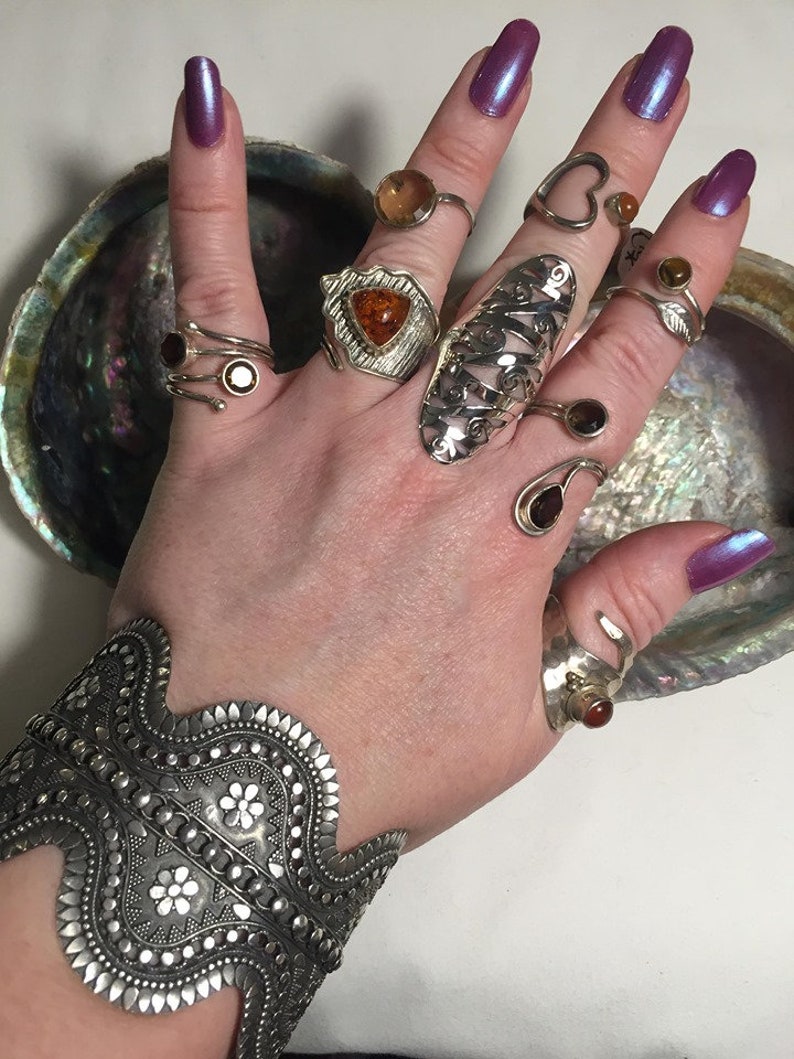 Amber and silver wrap around adjustable finger or thumb ring good luck health fertility and potency amplifier hippy bohemian unisex new age