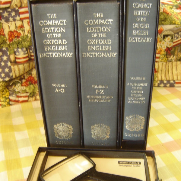 The  OXFORD ENGLISH Dictionary. The Compact Edition. 3 Volume Set w/ slipcase & magnifying glass. Oxford Press Univ. FINE. 350USD free ship