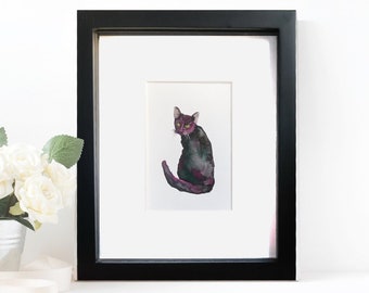 Black cat art print 5x7 animal wall decor for cat lovers gift black cat watercolour print of black cat aesthetic art witchy art print