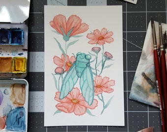 Cosmos & Cicadas 4x6 Print | Botanical Bug Mini-print