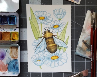 Honeybee & Daisies 4x6 Mini-Print | Botanical Bug Series