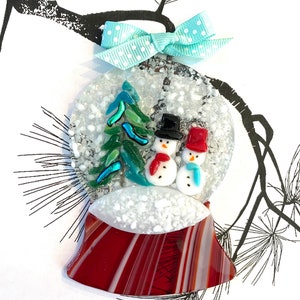 Fused Glass Snow Globe Ornament Merry Couple