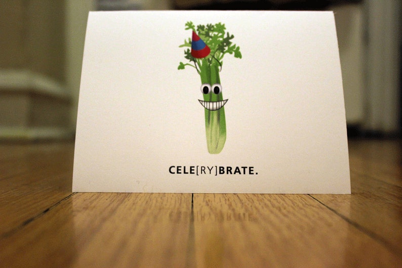 Celerybrate. Blank, Illustrated, Vegetable Pun Greeting Card image 1