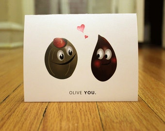 Olive You. Blank, Illustrated, Vegetable Pun Greeting Card