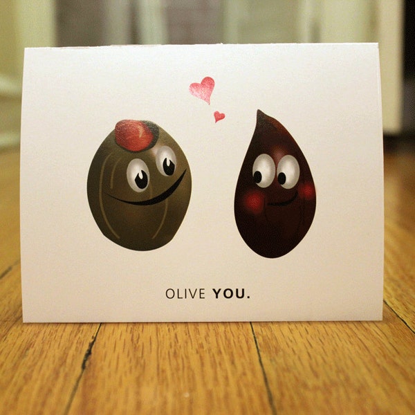 Olive You. Blank, Illustrated, Vegetable Pun Greeting Card