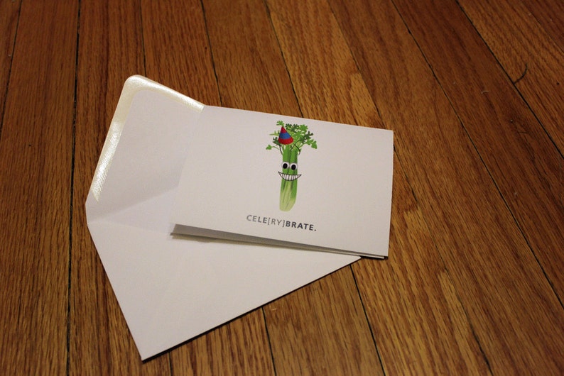 Celerybrate. Blank, Illustrated, Vegetable Pun Greeting Card image 2