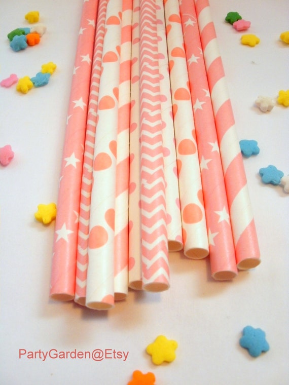 25 Mixed Baby Pink Paper Drinking Party Straws - Baby Shower Il_570xn
