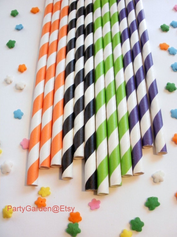 25 Black Orange Lime Purple Halloween Striped Paper Straws Il_570xn