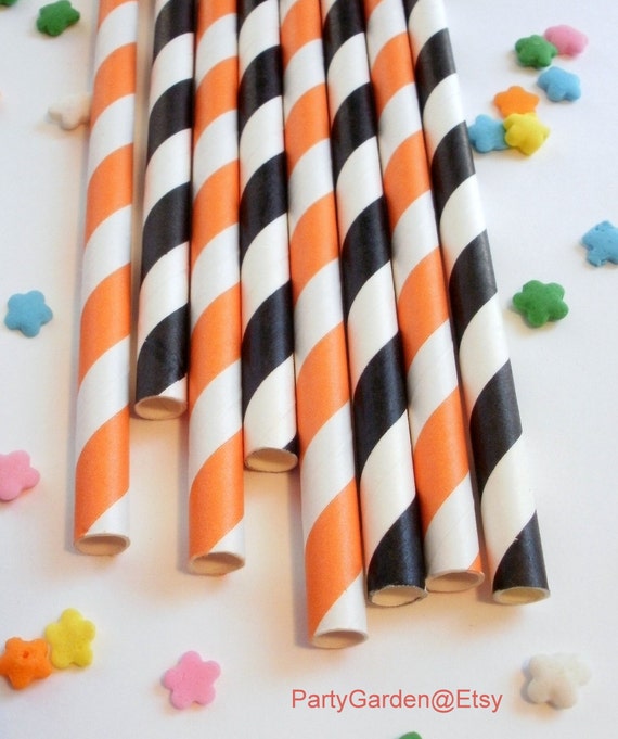 25 Black and Orange Halloween Striped Paper Straws Il_570xn
