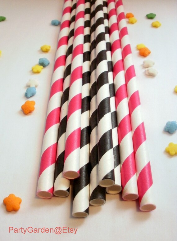 50 Hot Pink and Black Paper Straws Il_570xn