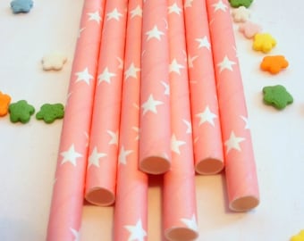 25 Pink Paper Straws with Stars