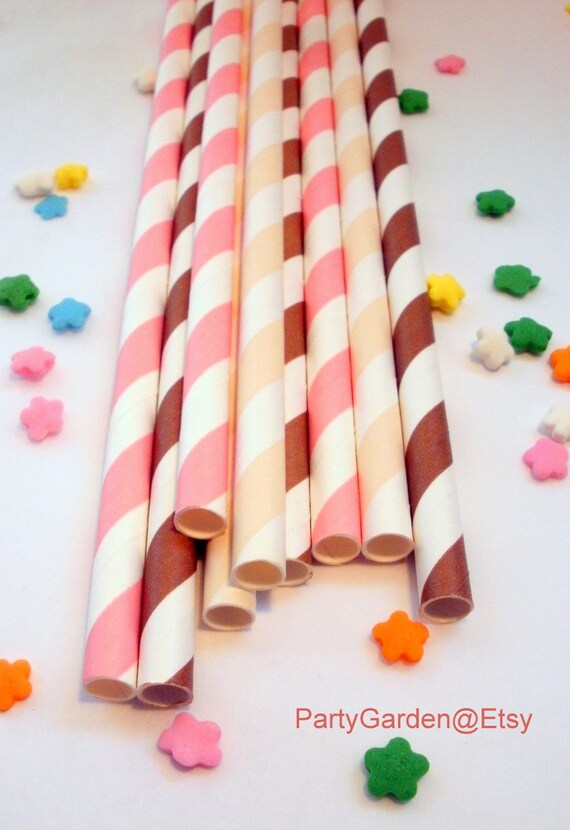25 Brown, Pink and Cream Cowgirl Neopolitan Striped Paper Straws Il_570xn