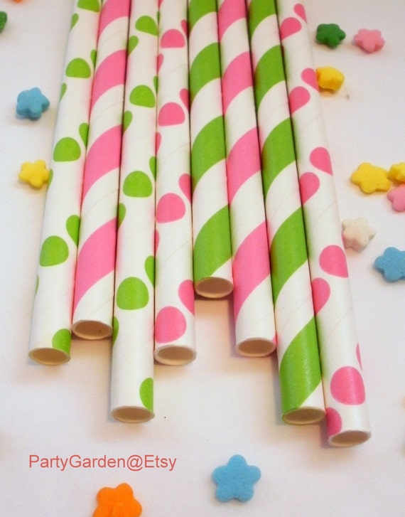 25 Pink Lime and Hot Pink Mix Strawberry Shortcake Paper Straws Il_570xn