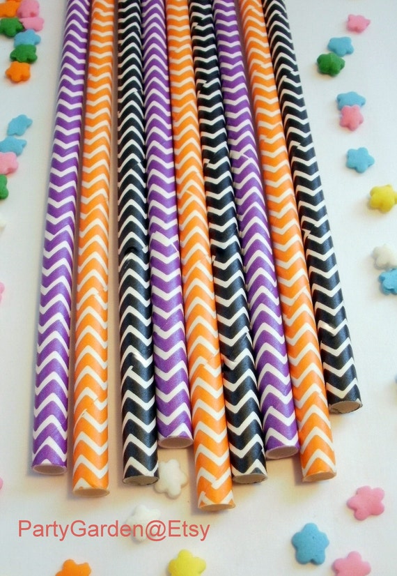 50 Orange Purple and Black - Halloween - Chevron Paper Straws Il_570xn