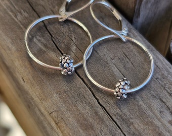 small silver hoop earrings with charm, lever back earrings, sterling silver flower earrings, jewelry gift for her