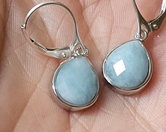 sterling silver lever back Aquamarine gemstone earrings, Aquamarine teardrop earrings, March birthstone, dangle earrings