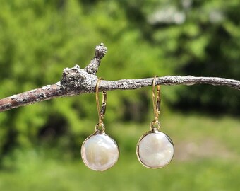Coin Pearl Dangle Earrings, Gold Filled Lever Backs, Mother Of Pearl Drop, Bridal Jewelry