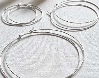 Extra Thin Silver Hoop Earrings, Large Sterling Silver Hoops, Minimalist Small Hoop Earrings