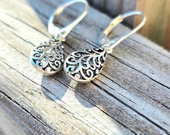 Sterling Silver Filigree Teardrop Leverback Dangle Earrings