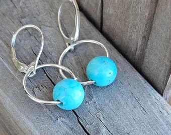 turquoise lever back earrings, sterling silver small dangle hoop earrings, turquoise drop earrings, gift for mom, mother's day gift