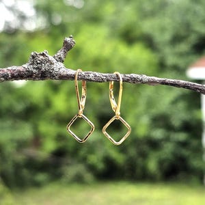 tiny gold square lever back earrings, minimalist geometric dangle earrings, simple diamond shaped drop earrings
