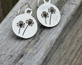 small stamped dandelion lever back earrings, minimalist silver dangle disk earrings