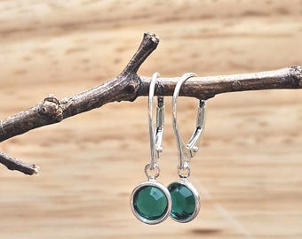 Green Crystal Drop Earrings, Sterling Silver Lever Back Dangle Earrings, Dainty Emerald Crystal Dangles, Minimalist Jewelry for Her