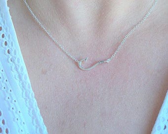 silver fish hook necklace, sterling silver fishing jewelry, fishing gift, nautical necklace, nautical jewelry, sideways fish hook