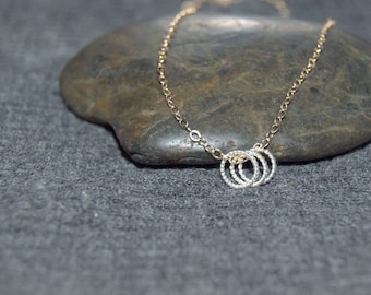 three circle necklace, gold and silver necklace, two toned, mixed metal necklace, gold filled, tiny circle necklace, gold dainty necklace